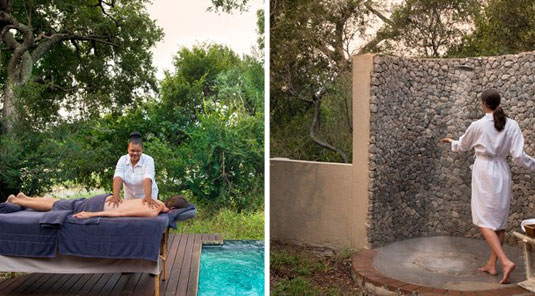 Enjoy a private spa massage and outdoor shower at your Luxury Suite at Dulini River Lodge located in the Big 5 Sabi Sand Private Game Reserve