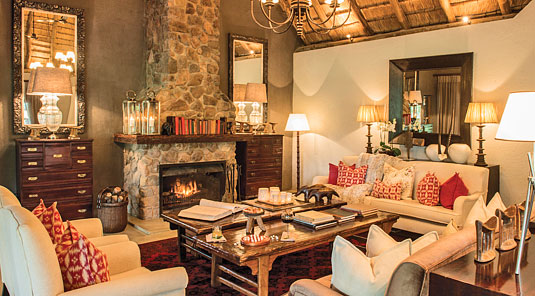 Dulini main lounge with fire place. Dulini Safari Lodge is located in the Sabi Sand Game Reserve