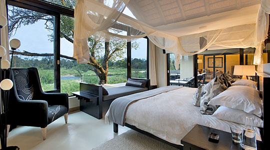 View from the luxury villa's bedroom at Lion Sand's Ivory Lodge in the Sabi Sand Private Game Reserve, South Africa